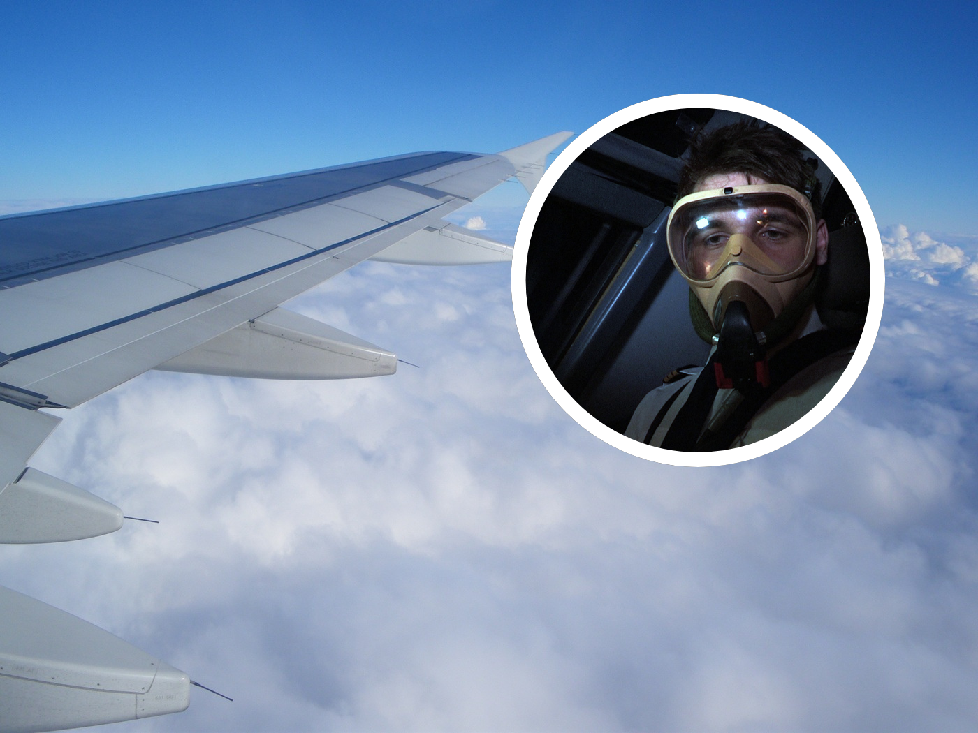 Pilot w masce tlenowej i samolot w chmurach